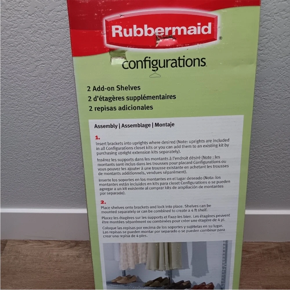 Rubbermaid Satin Nickel 2 add on shelves with 4 brackets.